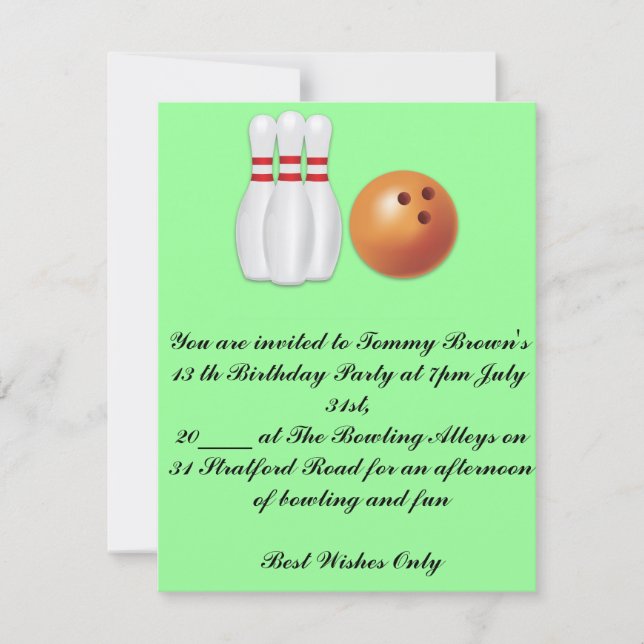13 th Birthday Bowling Party Invitation (Front)