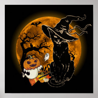 13 Vintage Halloween Scary Black Cat Witch Costume Poster
