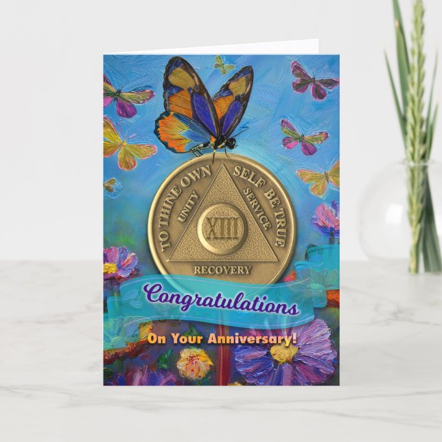13 Year AA Anniversary Coin Butterflies Flowers Card (Front)