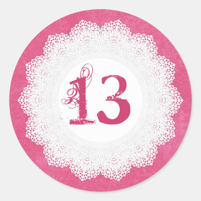 13 Year Old Birthday Sticker Pink and Lace V009L1 (Front)
