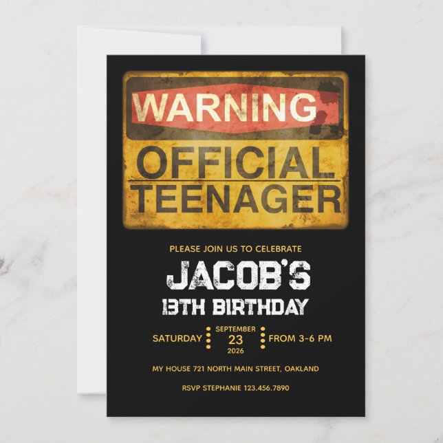 13 Year Old Teenage Birthday Boy Invitation (Front)