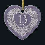 13 years lace anniversary heart photo ceramic ornament<br><div class="desc">Lace effect heart graphic ornament. Reads: 13 years on one side and you can add your own photo on the reverse. Ideal for a 13th wedding anniversary or other 13th year celebrations. Uniquely designed by Sarah Trett for www.mylittleeden.com</div>