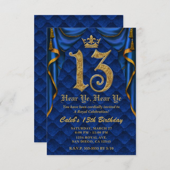13TH 13 Birthday Party Royal Blue Gold Crown   Invitation (Front/Back)