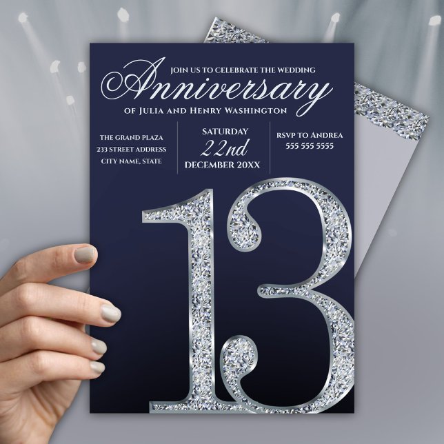 13th Anniversary Diamond Silver Dark Blue Years Invitation (Creator Uploaded)