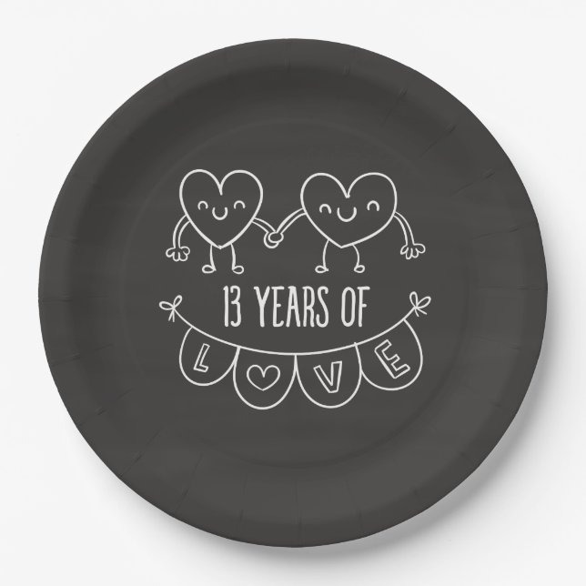 13th Anniversary Gift Chalk Hearts Paper Plate (Front)