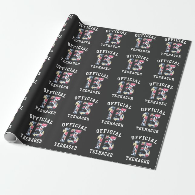 13th Birthday Beautiful Flower Official Teenager Wrapping Paper (Unrolled)