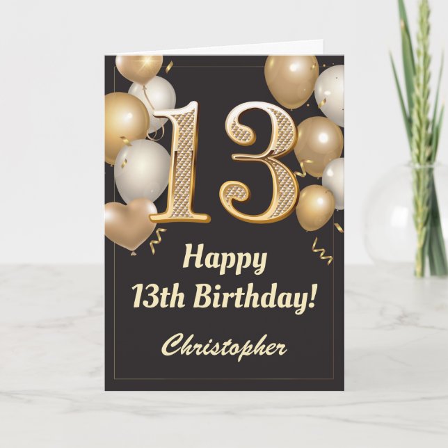 13th Birthday Black and Gold Balloons Confetti Card (Front)