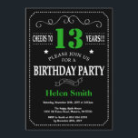 13th Birthday Black and Green Chalkboard Invitation<br><div class="desc">13th Birthday Invitation Black and Green Typography. Chalkboard. Black and White Background. Adult Birthday. Male Men or Women Birthday. Kids Boy or Girl Lady Teen Teenage Bday Invite. 13th 15th 16th 18th 20th 21st 30th 40th 50th 60th 70th 80th 90th 100th. Any Age. For further customisation, please click the "Customise...</div>