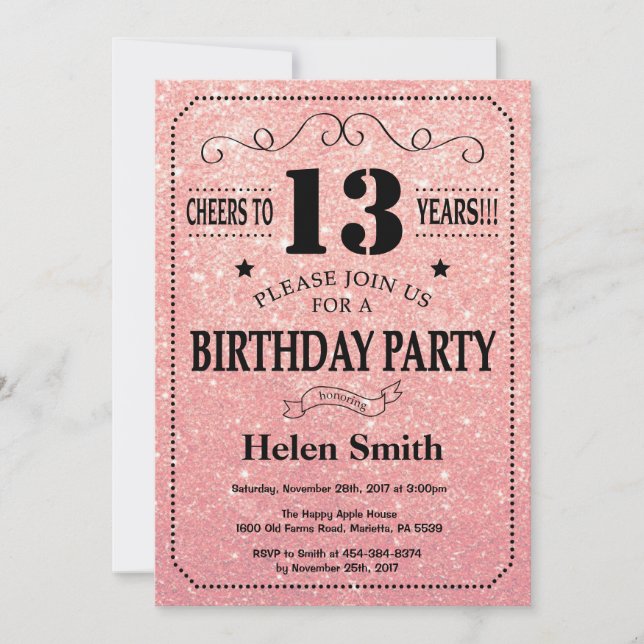 13th Birthday Black and Pink Rose Gold Glitter Invitation (Front)