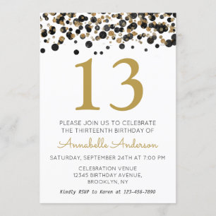 13th Birthday Black Gold Glitter Sparkle Confetti Invitation