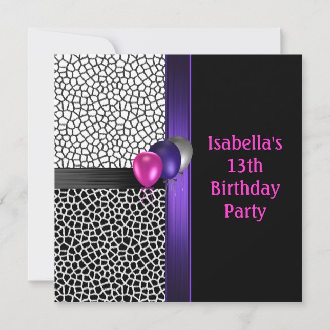 13th Birthday Black White Pink Purple Invitation (Front)