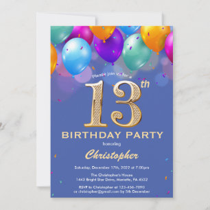 13th Birthday Blue and Gold Colourful Balloons Invitation