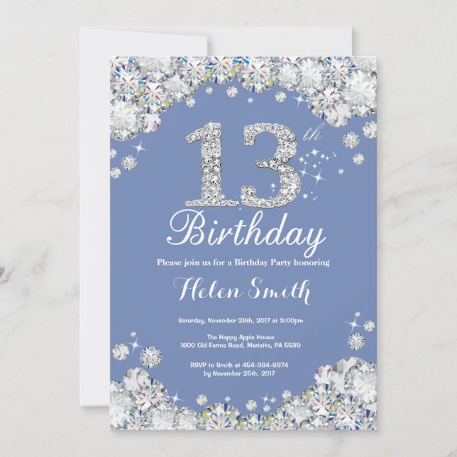 13th Birthday Blue and Silver Diamond Invitation (Front)