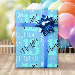 13th Birthday Blue Typography Wrapping Paper