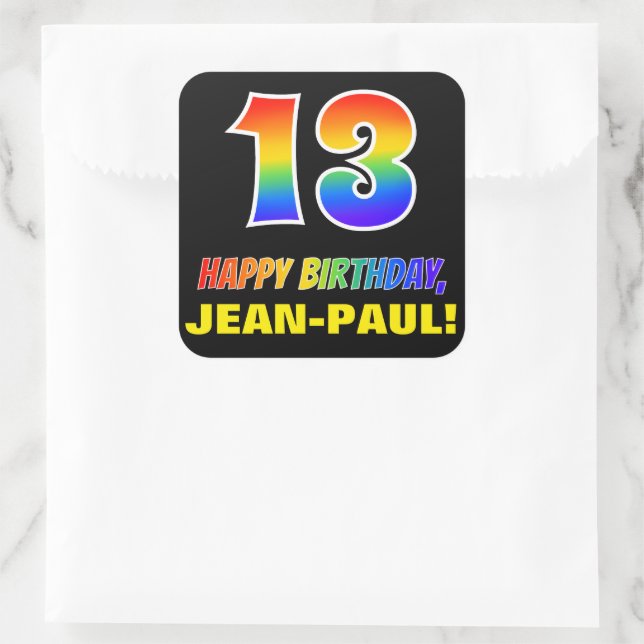 13th Birthday: Bold, Fun, Simple, Rainbow 13 Square Sticker (Bag)