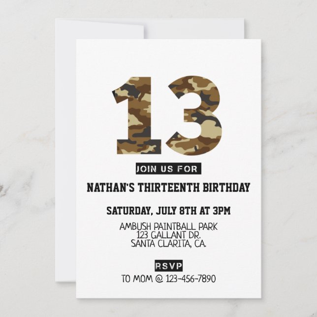 13th birthday, boy party, army, thirteen, birthday (Front)