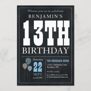 13th Birthday Chalkboard Blue Balloon Rustic Chic Invitation