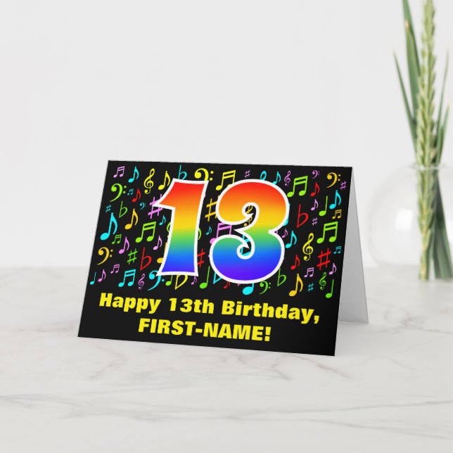 13th Birthday: Colorful Music Symbols & Rainbow 13 Card (Front)