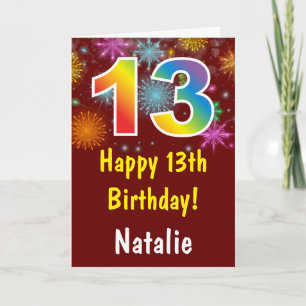 13th Birthday Colorful Rainbow Fireworks Red Card