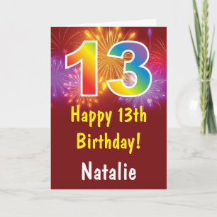 13th Birthday Colorful Rainbow Fireworks Red Card