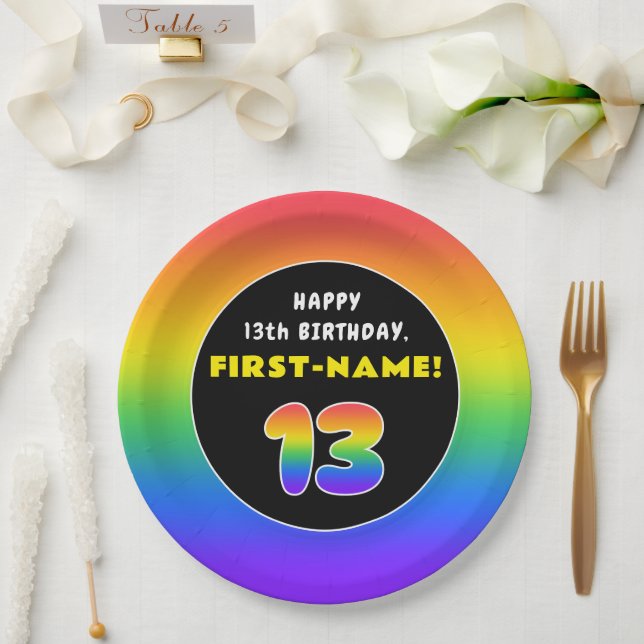 13th Birthday: Colourful Rainbow # 13, Custom Name Paper Plate (Wedding)
