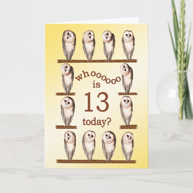 13th birthday, Curious owls card. Card (Front)