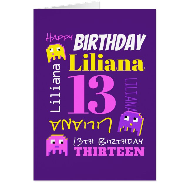 13th birthday custom name yellow pink pixel game (Front)