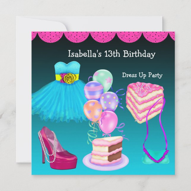 13th Birthday Dress Up Party Teal Pink Invitation (Front)