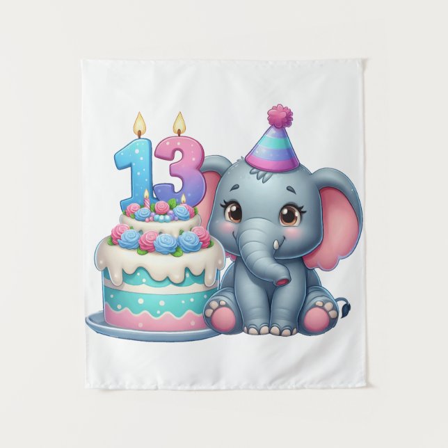 13th Birthday Elephant Cake Tapestry (Front)