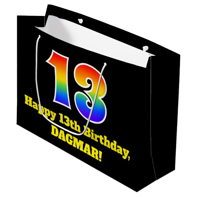 13th Birthday ~ Fun, Colourful, Vibrant, Rainbow 1 Large Gift Bag (Front Angled)