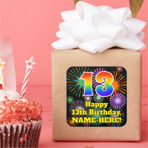 13th Birthday: Fun Fireworks Look, Rainbow # 13 Square Sticker