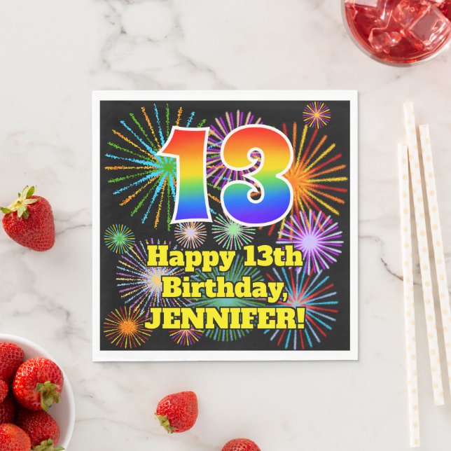 13th Birthday: Fun Fireworks Pattern + Rainbow 13 Napkin (Insitu)