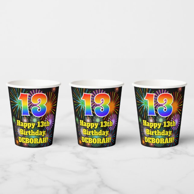 13th Birthday: Fun Fireworks Pattern + Rainbow 13 Paper Cups (Multi)