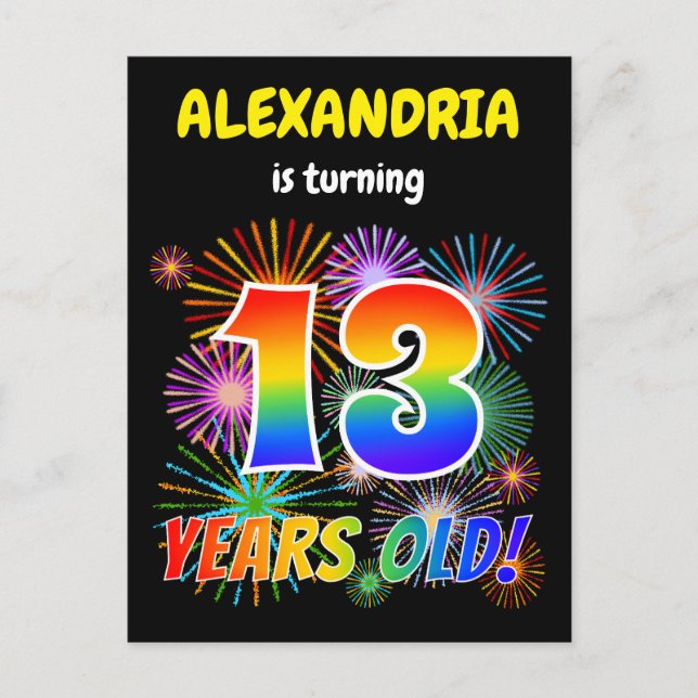 13th Birthday - Fun Fireworks, Rainbow Look "13" Postcard (Front)