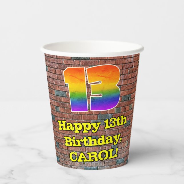 13th Birthday: Fun Graffiti-Inspired Rainbow 13 Paper Cups (Back)