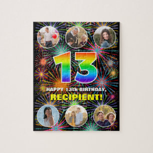 13th Birthday: Fun Rainbow #, Custom Name + Photos Jigsaw Puzzle