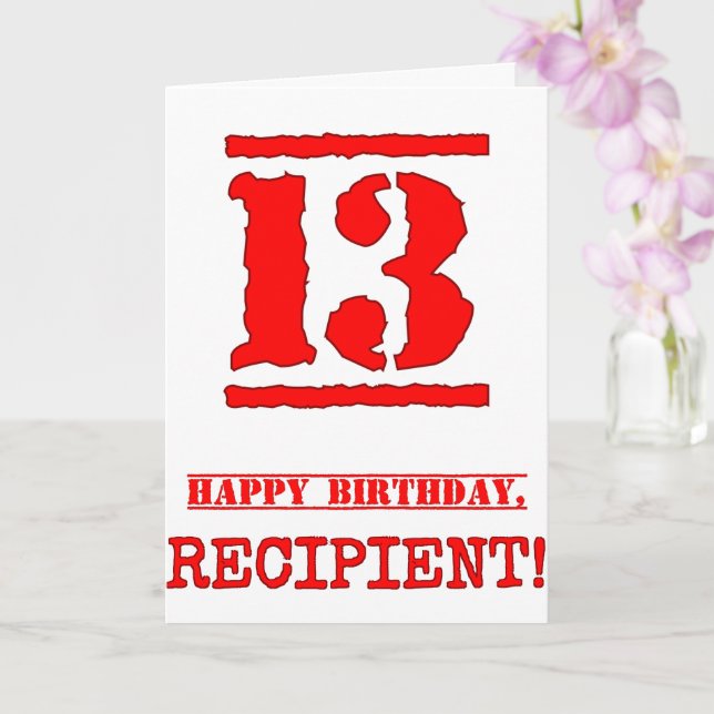 13th Birthday: Fun, Red Rubber Stamp Inspired Look Card (Orchid)