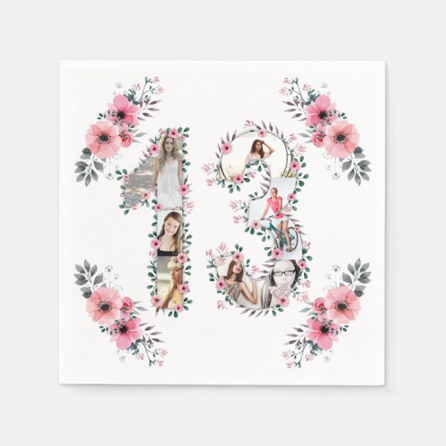 13th Birthday Girl Flower Photo Collage White Napkin (Front)