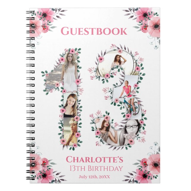 13th Birthday Girl Photo Collage Pink Flower White Notebook (Front)