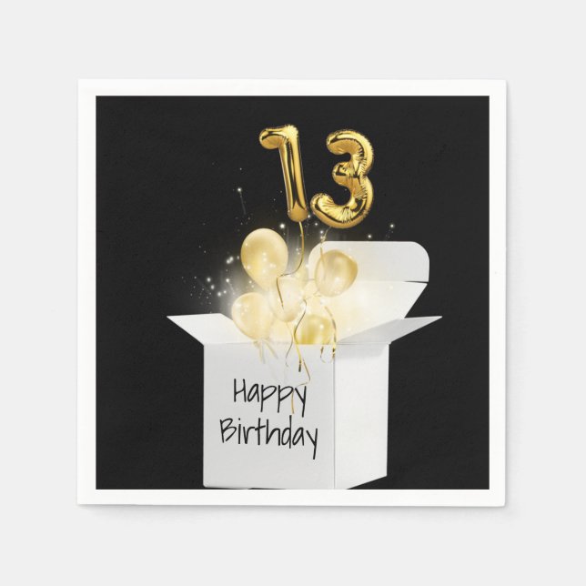 13th Birthday Gold Balloons In White Box Napkin (Front)