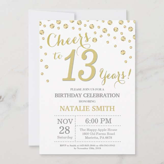 13th Birthday Gold Glitter Diamond Invitation (Front)