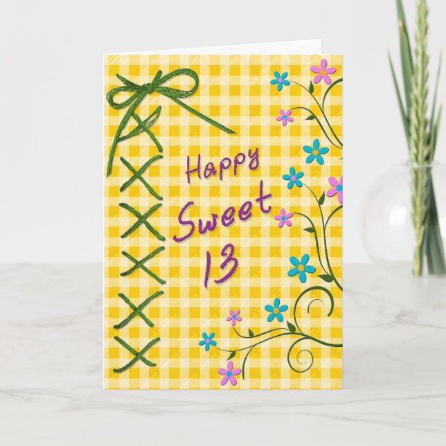 13th Birthday, Green Tie - Yellow Gingham, Flowers Card (Front)