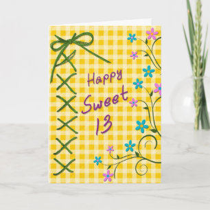 13th Birthday, Green Tie - Yellow Gingham, Flowers Card