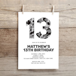 13TH Birthday, Grey Camo Personalised Teen Invitation