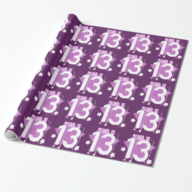 13th Birthday Grunge Number and Stars V09 Wrapping Paper (Unrolled)