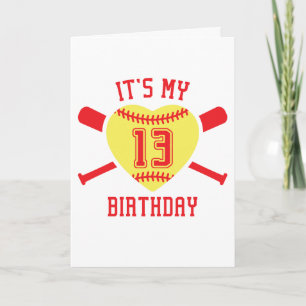 13th Birthday Heart Softball Birthday Card