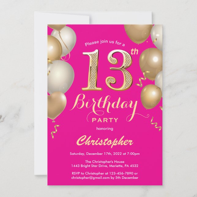 13th Birthday Hot Pink and Gold Balloons Confetti Invitation (Front)