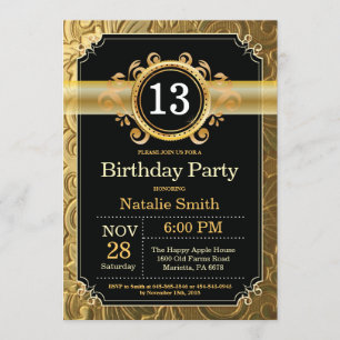 13th Birthday Invitation Black and Gold Glitter