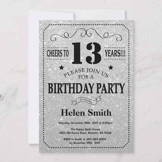 13th Birthday Invitation Black and Silver Glitter (Front)