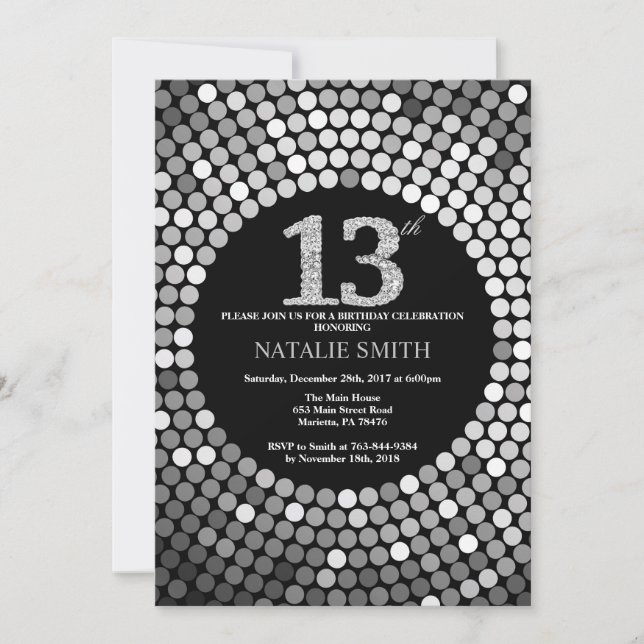 13th Birthday Invitation Black and Silver Glitter (Front)